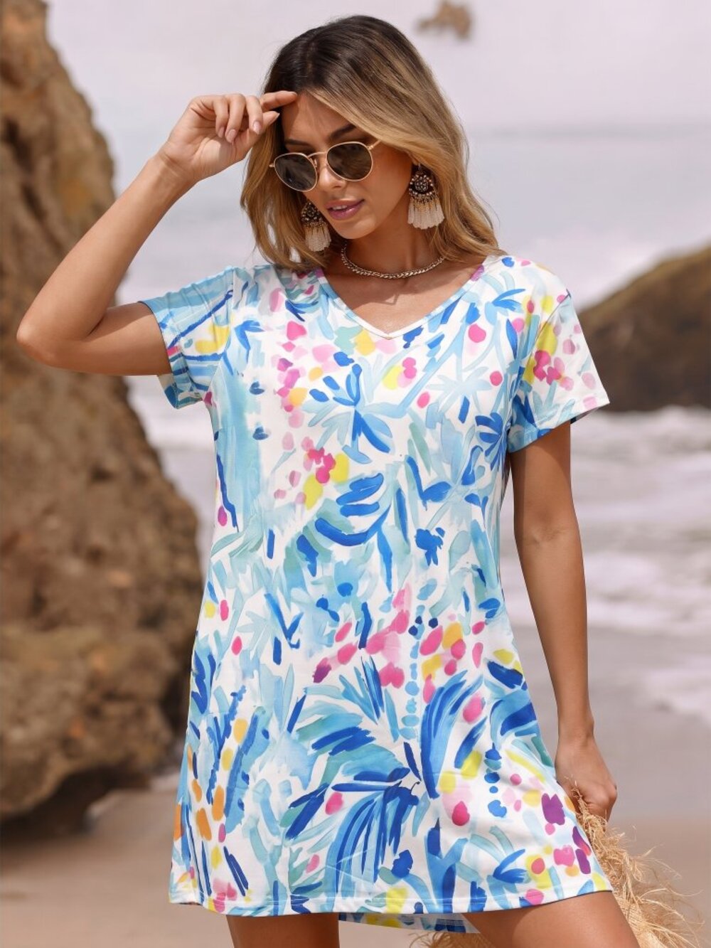 Sunny Oceans Blue Tropical Print Swim Cover-Up Dress